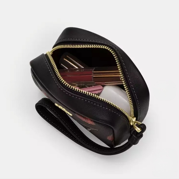 Coach Pouch Wristlet Black Smooth Leather With Cherry Print Zip Closure - Picture 15 of 16